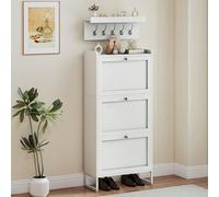 YITAHOME Zapatero Estrecho Blanco con Perchero, 5 Ganchos y 3 Puertas abatibles, estantería Ajustable para Pasillo salón, Adecuado para Tacones Altos, 60 x 25 x 130 cm, Color Blanco
