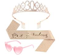 YIWONFU Set de decoración de 30 cumpleaños para mujer, decoración de fiesta con corona y faja en oro rosa, incluye gafas en forma de corazón para novia, novia, 30 cumpleaños