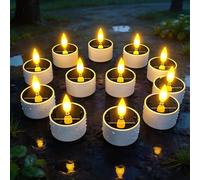 Yme Velas solares de té, paquete de 12 velas pequeñas recargables con pilas LED parpadeantes sin llama con sensor del atardecer al amanecer para decoración de fiestas al aire libre, impermeables, para