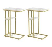 YMYNY Juego de 2 Piezas Mesa Auxiliar Forma C, Mesa De Sofá,Mesa De Centro Mesita para Ordenador Portátil, Apto para Salón O Dormitorio O Oficina,Mármol Blanco y Dorado HST004W-2