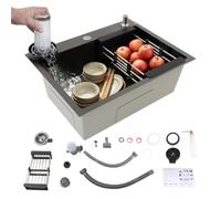 YNAADYH Fregadero de cocina de acero inoxidable, color negro, 60 x 45 cm | Fregadero grande de acero inoxidable con nanorrevestimiento, escurridor, dispensador de jabón y montaje flexible para cocinas