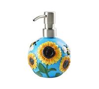 Yofab Dispensador de jabón para encimera, dispensador de jabón de girasol, pintado a mano, bonito dispensador de jabón de manos floral pintado a mano, 340.2 g, color azul, recargable, dispensador de