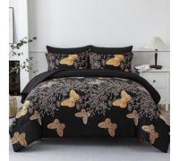 Yogeneg Juego de edredón de 7 Piezas tamaño Queen en una Bolsa, Juego de Ropa de Cama Negro, Hojas de Mariposa Doradas Impresas en diseño Reversible Negro, edredón de Microfibra Suave con Juego de