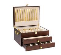Yoimori Caja de almacenamiento de cubiertos, caja de almacenamiento de cubiertos de 3 capas con cajón, baúl de cubiertos de madera con asa y forro de lino, funda rústica para guardar cubiertos y