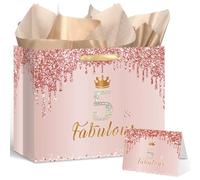 Yoirrat Bolsa de regalo de 5º cumpleaños de oro rosa para niñas, bolsa de regalo grande rosa con papel de regalo de 5º cumpleaños y tarjeta para decoraciones de 5º cumpleaños