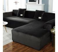 YOPOIY Terciopelo Fundas para Sofa Chaise Longue, Estiramiento Grueso Fundas Sofas Cheslonge Ajustables, Antideslizante Fundas De Sofá Chaise Longue Protector-Negro-4+3 plazas