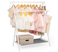 YORBAY Perchero para Ropa de Niños con Estante de almacenamiento, Perchero para Vestir, para Ropa de Niños con Varillas para Colgar, Pequeño y Plegable, Bambú (Blanco)