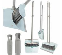 YORK Juego de Escoba y Recogedor de Mango Largo con Dientes de Peine para Limpieza de Suelos Set de Barrido Ergonómico Plegable para Interior y Exterior Kit de Limpieza de Suelos Verde Menta
