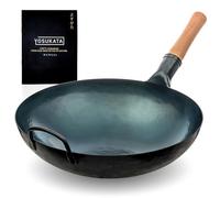YOSUKATA Sartén Wok de 36 cm en Acero al Carbono - Fondo Redondo | Wok Chino Tradicional Presazonado para Freír - Sin Recubrimiento Químico - Apta Para Cocinas De Gas Y Fuego Abierto (Azul)