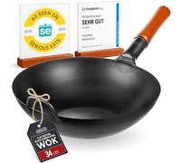 YOSUKATA Sartén Wok de Acero al Carbono 34 cm - Pre-sazonado de Fondo Plano - Wok de Inducción Tradicional - Sin Cobertura Química - Compatible con Cocinas de Gas Inducción Eléctricas y Fuego Abierto
