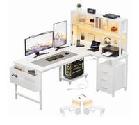 YOUDENOVA Escritorio en L Reversible, Escritorio Gaming con Panel Perforado y Estantería, Mesa de Ordenador con LED, Corriente y USB, 3 Cajones, Mesa de Trabajo 135x100 cm Blanco