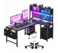 YOUDENOVA Escritorio en L Reversible, Escritorio Gaming con Panel Perforado y Estantería, Mesa de Ordenador con LED, Corriente y USB, 3 Cajones, Mesa de Trabajo 135x100 cm Negro carbón
