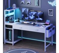 YOUDENOVA Escritorio Gaming Reversible con LED y Enchufe, Escritorio de Ordenador Compacto 120 cm con 2 Cajones, Mesa de PC para Dormitorios Pequeños Oficinas Domésticas Blanco