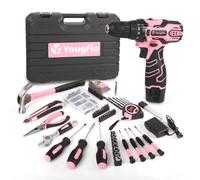 YOUGFIN Kit de herramientas para el hogar con taladro eléctrico de 12 V, juego combinado de taladro inalámbrico rosa para mujer, 195 piezas de herramientas domésticas con caja de transporte portátil