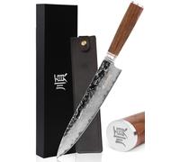 YOUSUNLONG Cuchillo de chef de Damasco Pro Gyuto de 10 pulgadas, cuchillos de cocina japoneses martillados de acero de Damasco con mango de madera de nogal natural con funda de cuero