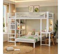Yrxin Cama alta 90 x 200 cm, dos plazas, marco de hierro, cama de metal con escritorio, enchufe doble con interfaz USB y tipo C, 4 estantes múltiples, almacenamiento de ropa, sin colchón, color blanco