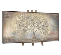 YS-Art Pintura abstracta sobre lienzo en acrílico Golden tree Colores claros con dorado Decoración de pared salon modern con marco 200x100 cm
