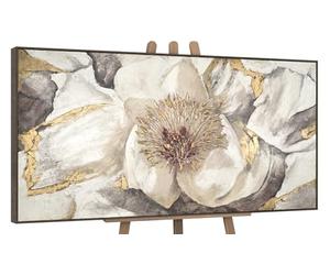 YS-Art Pintura abstracta sobre lienzo en acrílico Malva Motivo veraniego una gran flor de color beige y dorado Decoración con marco 200x100 cm