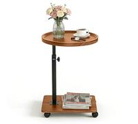YuLiMirich Mesa auxiliar con ruedas, mesa auxiliar regulable en altura de 45 - 80 cm, mesa auxiliar de madera en forma de c, con acabado de nogal giratorio 360°, para salón, dormitorio, balcón