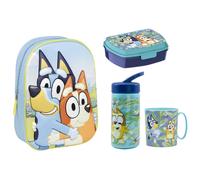 Yumo House Juego de mochila 3D bluey, SANDWICHERA RECTANGULAR BLUEY, TAZA MICRO 350 ML BLUEY, BOTELLA 410 ML BLUEY