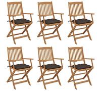 YunCangg 6 sillas plegables de jardín con cojines de madera de acacia maciza, resistentes a la intemperie, apilables, con respaldo y reposabrazos, ideal para balcón, terraza y relax al aire libre