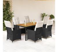YunCangg 7-TLG - Juego de comedor de jardín de ratán sintético con cojines negros, mesa de jardín de madera de acacia 150 x 90 cm, 4 tumbonas, 2 sillones reclinables con reposapiés, resistente a la