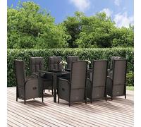 YunCangg 9-TLG - Juego de comedor de jardín de ratán sintético con 8 sillones ajustables, cojines negros, marco de acero con recubrimiento en polvo, mesa de cristal templado, resistente a la