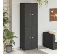 YunCangg Armario de jardín negro 59 x 40 x 180 cm de poliratán con marco de acero pulverizado y asas de madera de acacia, resistente a la intemperie, 4 compartimentos de almacenamiento para jardín