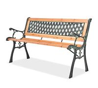 YunCangg Banco de jardín de 122 cm de madera con estructura de hierro forjado y respaldo de PVC decorado, resistente a la intemperie, para terraza, balcón y jardín delantero, asiento estable para
