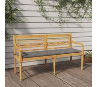 YunCangg Batavia Banco de jardín de madera maciza de teca con acolchado gris, 150 cm de longitud, asiento resistente a la intemperie, con respaldo y reposabrazos para terraza, balcón, uso al aire