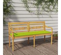 YunCangg Batavia Banco de jardín de madera maciza de teca con cojín verde claro, banco de 150 cm con respaldo y reposabrazos, resistente a la intemperie, asiento exterior para terraza, balcón y jardín