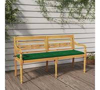 YunCangg Batavia Banco de jardín de madera maciza de teca de 150 cm con cojín verde, asiento impermeable con respaldo y reposabrazos para terraza, balcón y jardín delantero