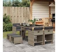 YunCangg Conjunto de comedor de jardín de 9 piezas, color gris, con cojín, polirratán, para terraza, balcón y jardín, resistente a la intemperie, plegable, ahorra espacio, con mesa, silla, taburete