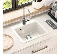 YunCangg Fregadero de granito blanco, 470 x 440 mm, empotrable, con rebosadero y desagüe para cocina, encimera, armario, montaje, renovación