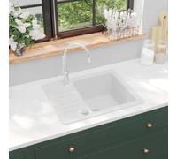 YunCangg Fregadero de granito individual blanco de 80% cuarzo, 575 x 460 x 280 mm, reversible para armario bajo a partir de 450 mm, incluye cesta colador, resistente al calor y a los arañazos, fácil