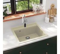 YunCangg Fregadero individual de granito beige de 80% cuarzo y 20% resina con 565 x 510 x 306 mm, resistente al calor, resistente a los arañazos, con colador de cesta, fregadero empotrable para cocina