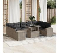 YunCangg Juego de 10 sofás de jardín de ratán gris claro con cojines, resistente a la intemperie, para terraza, balcón y porche, conjunto de asientos modulares con mesa y sillones acolchados