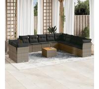 YunCangg Juego de 12 sofás de jardín con cojines gris de polirratán, resistente a la intemperie, muebles para terraza, balcón, con espacio de almacenamiento, mesa de madera de acacia y fundas