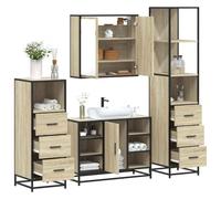 YunCangg Juego de 4 muebles de baño de roble Sonoma, material de madera con armario para debajo del lavabo, armario alto y armario midi para ahorrar espacio, de pie y colgar para el cuarto de baño