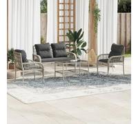 YunCangg Juego de 4 sofás de jardín de poliratán gris claro con cojines resistentes a la intemperie para terraza, balcón, porche, sofá de 2 plazas, 2 sillones, mesa de café de cristal templado, marco