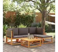 YunCangg Juego de 5 sofás de jardín con cojines de madera maciza de acacia y mimbre gris trenzado, resistente a la intemperie, juego de muebles para terraza, balcón, jardín, con mesa, sofá y