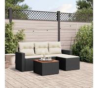 YunCangg Juego de 5 sofás de jardín negro con cojines de poliratán, resistente a la intemperie, para terraza, balcón, con espacio de almacenamiento y mesa de madera de acacia para exterior y porche