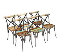 YunCangg Juego de 6 sillas de comedor de madera maciza reciclada con estructura de acero, diseño retro vintage, multicolor, 51 x 52 x 84 cm, asiento estable, respaldo abierto, ideal para cocina y