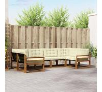 YunCangg Juego de 6 sofás de exterior con cojines de madera de acacia maciza en color natural y crema, resistente a la intemperie, modular, juego combinado para jardín, terraza y balcón para sentarse