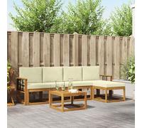 YunCangg Juego de 6 sofás de exterior con cojines, madera maciza de acacia, color crema natural, para jardín, balcón, terraza, conjunto combinado para relajarse y comer, diseño moderno con