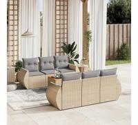 YunCangg Juego de 7 sofás de jardín beige con cojines de ratán sintético resistente a la intemperie, 2 sofás, 4 sillones, mesa de jardín de madera de acacia, ideal para terraza, balcón