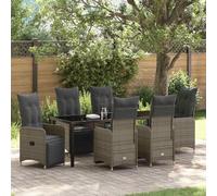 YunCangg Juego de comedor de jardín de 7 piezas de polirratán beige con respaldo ajustable, cojines resistentes a la intemperie, mesa de cristal de seguridad, patas de acero con recubrimiento en polvo