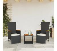 YunCangg Juego de comedor de jardín de ratán sintético de 3 piezas con cojines negros, resistente a la intemperie, mesa de madera de acacia y sillones ajustables para terraza, balcón y relajación al