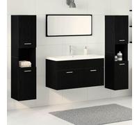 YunCangg Juego de muebles de baño de 4 piezas con aspecto de roble negro, material de madera con tocador, armario con espejo, armario alto y estantería, ahorrando espacio para colgar para baño moderno