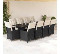 YunCangg Juego de muebles de jardín con 10 sillones y cojines ajustables, ratán negro, mesa de jardín con tapa de cristal, resistente a la intemperie, para terraza, balcón, porche, exterior, relax